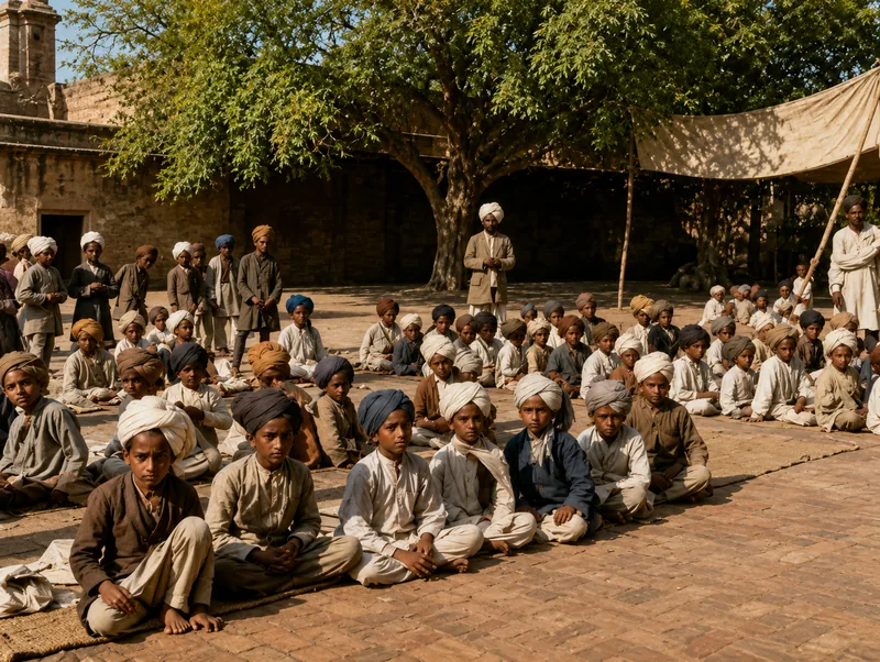 Illustration of a large seated crowd gathered under a canopy in a walled courtyard.