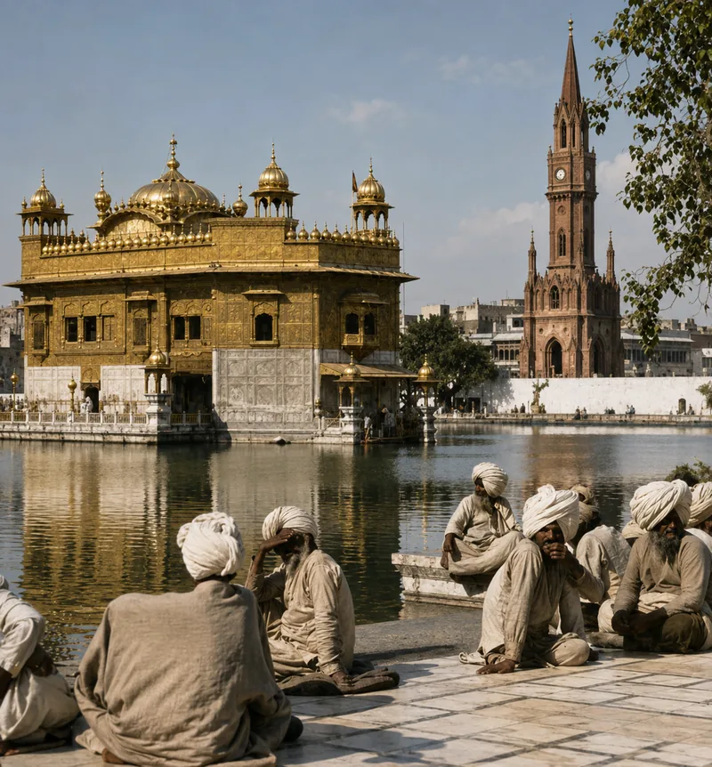 Illustration of the Golden Temple with a tall Gothic clock tower rising behind it across the sarovar.