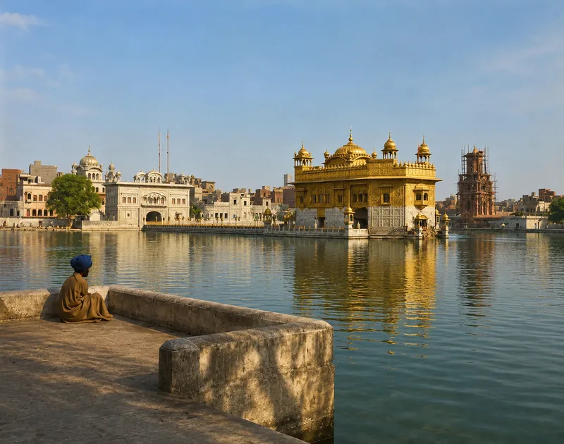 Illustration of the Golden Temple across the full width of the sarovar, a man seated alone on the marble in the foreground.