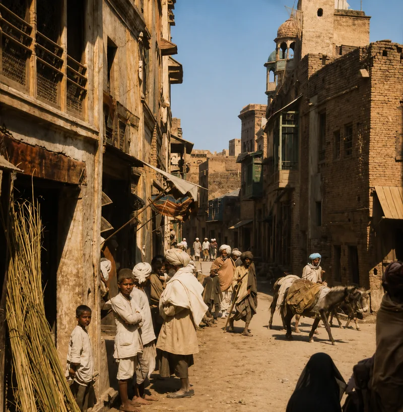 Illustration of a walled-city lane with a loaded pack donkey, shopkeepers and passers-by in the shade of old brick houses.
