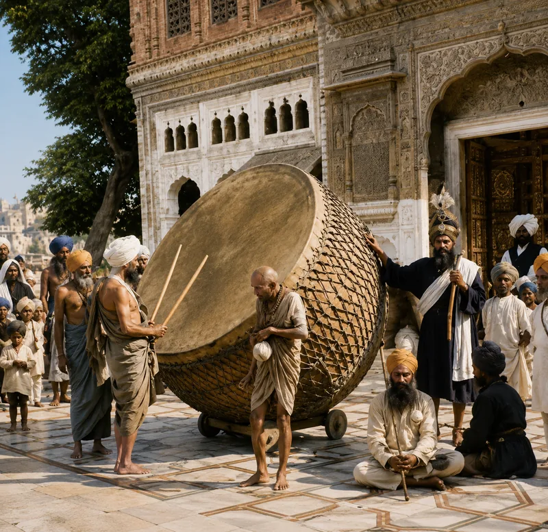 Illustration of Nihang Sikhs beating a huge ceremonial drum on wheels outside a temple entrance.
