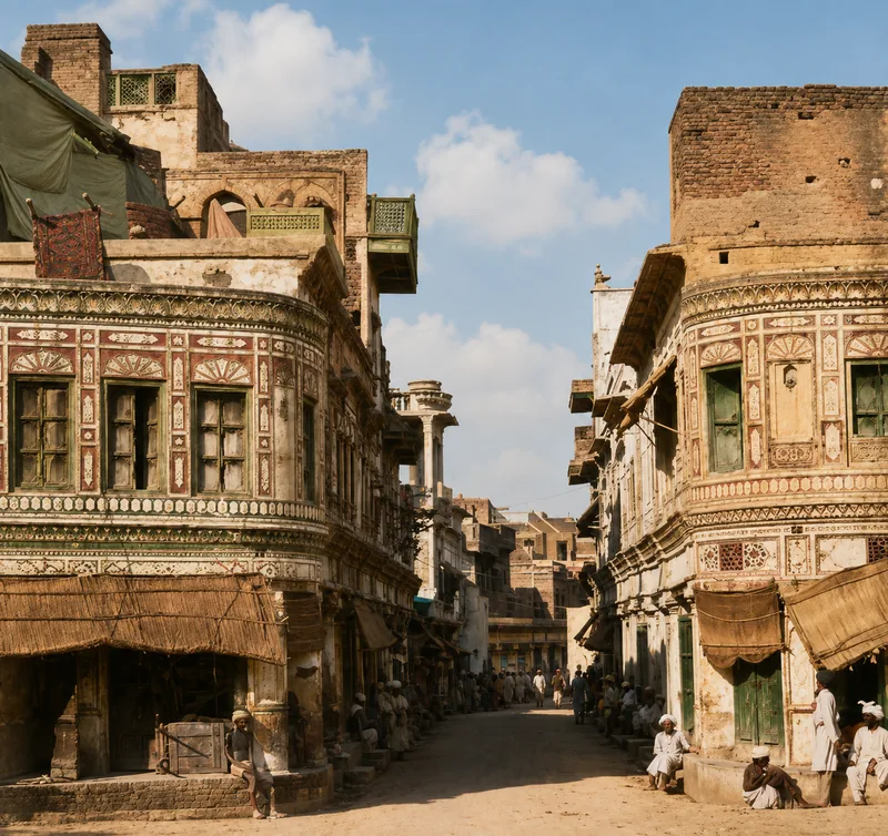 Illustration of a narrow street in the old city, lined with carved wooden balconies and shopfronts.