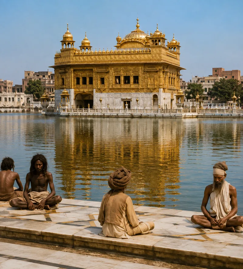 Illustration of holy men seated cross-legged at the edge of the sarovar, the Golden Temple across the water.