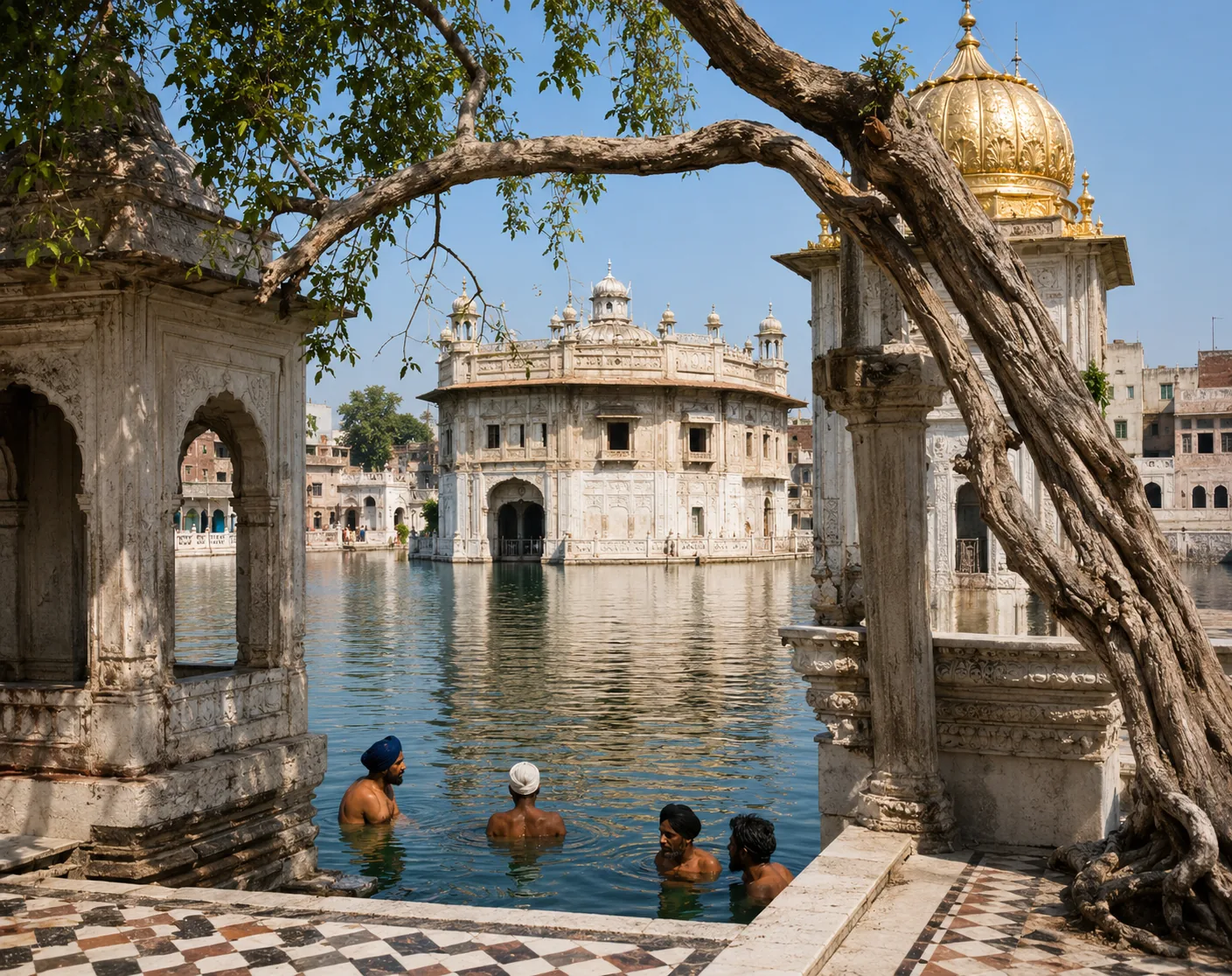 Illustration of the Golden Temple seen through a stone archway, pilgrims bathing in the sarovar in front of it.