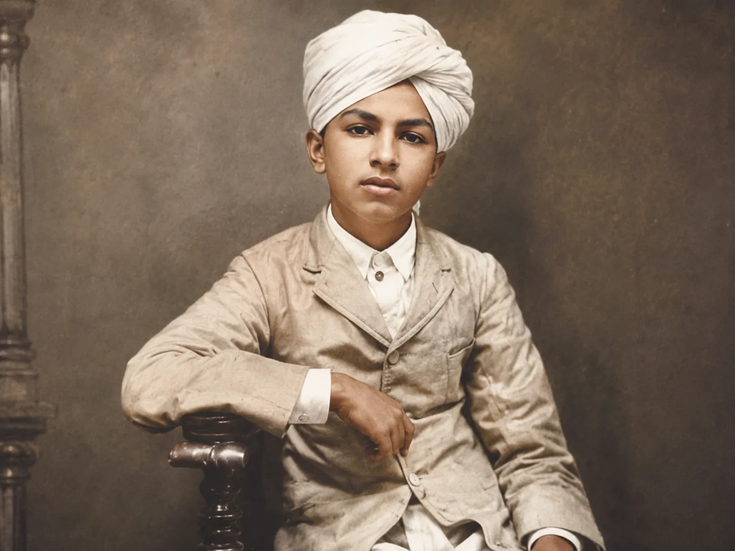 Illustration of a boy in a plain white turban and Western-style jacket, seated with one arm resting on a wooden chair back, in a studio portrait.