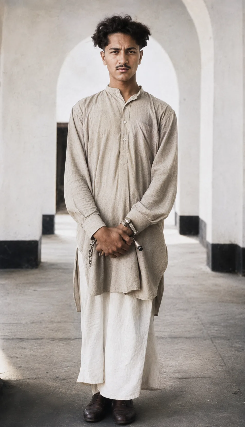Illustration of a young man in a plain kurta standing handcuffed in a whitewashed prison colonnade.