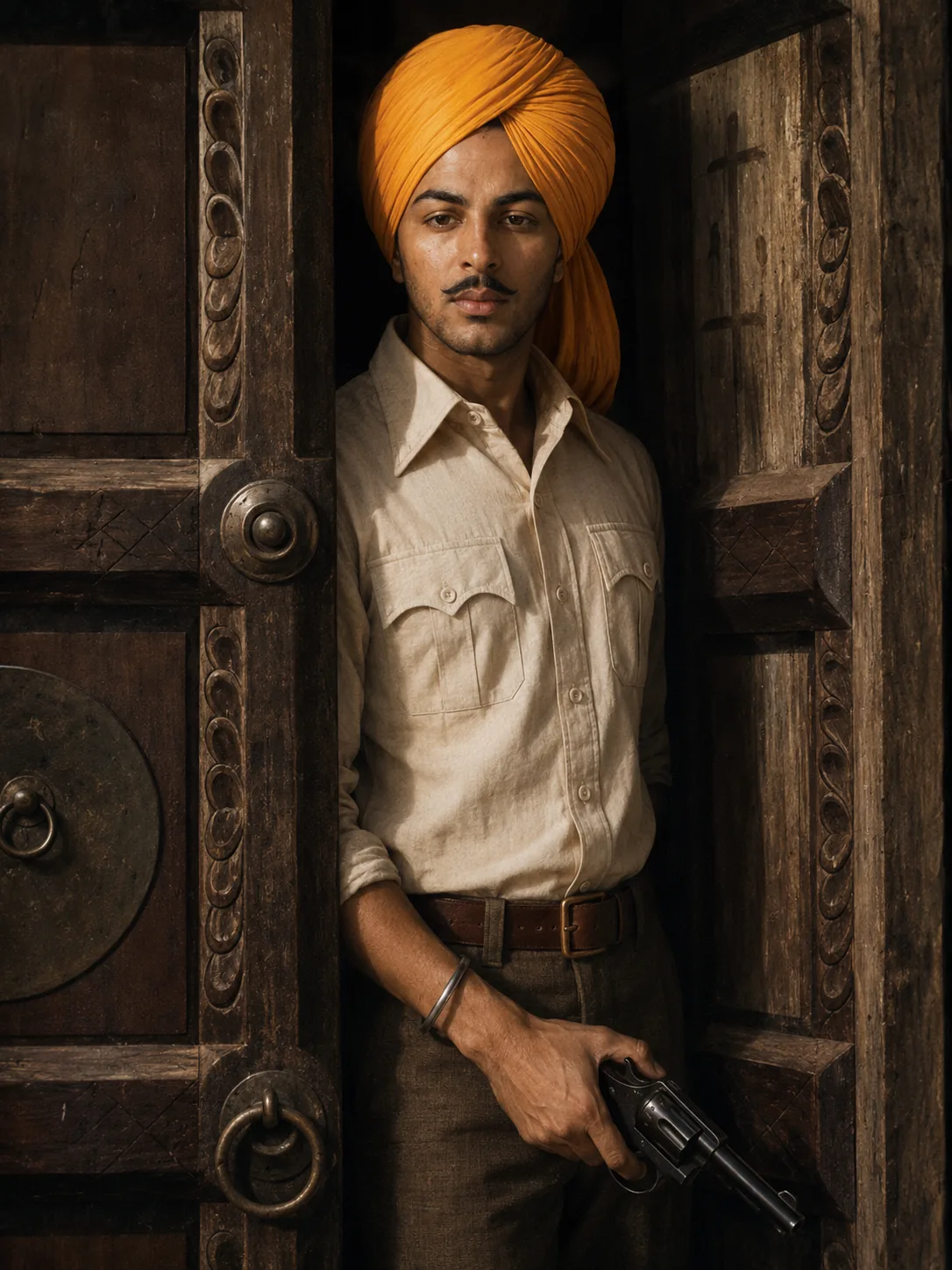 Illustration of a young man in an orange turban standing in a carved wooden doorway, holding a revolver at his side.
