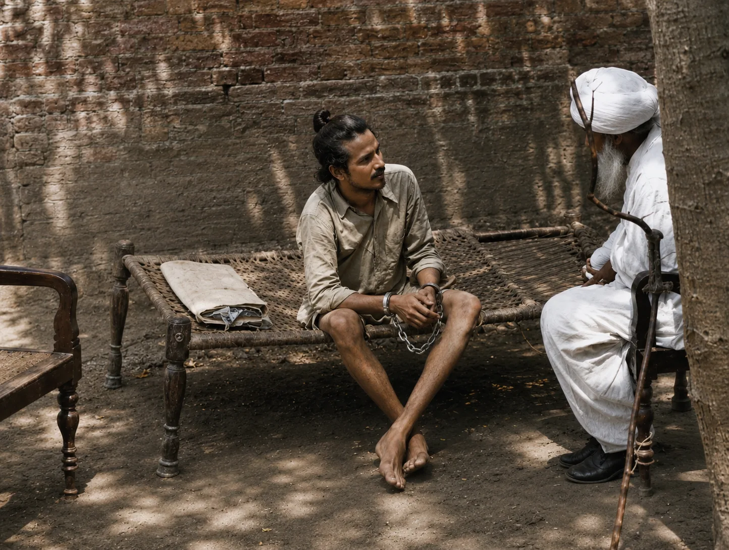 Illustration of a young man in leg irons and handcuffs sitting on a charpai in a brick courtyard, talking with an elderly man in a white turban leaning on a stick.