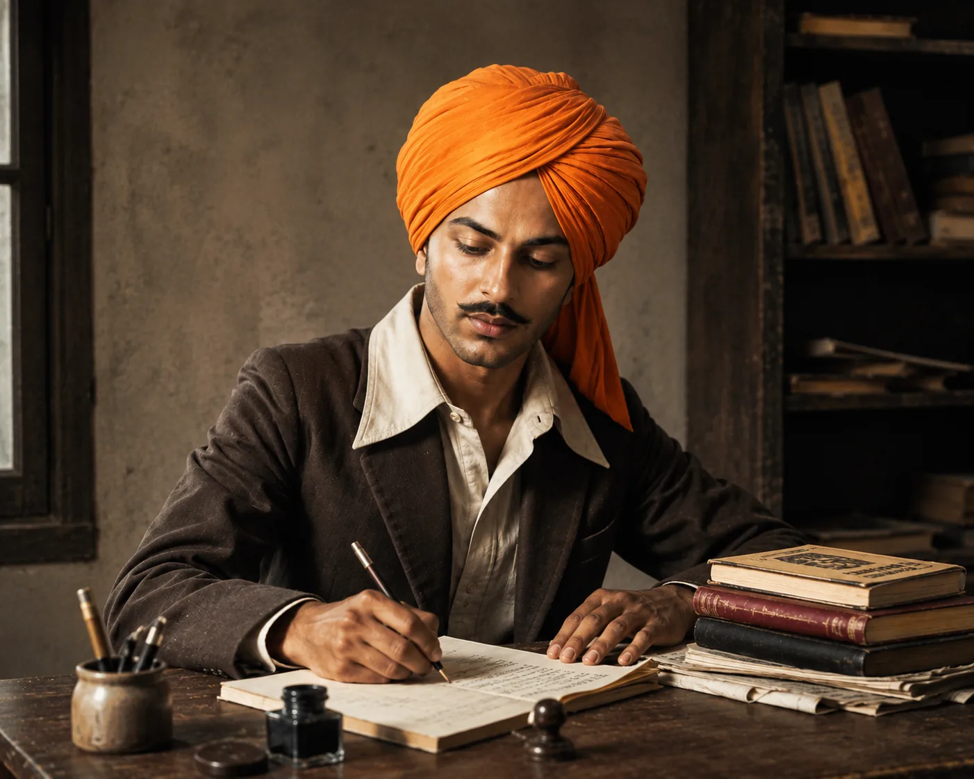 Illustration of a young man in an orange turban writing with a fountain pen at a desk stacked with books, newspapers and an inkwell.