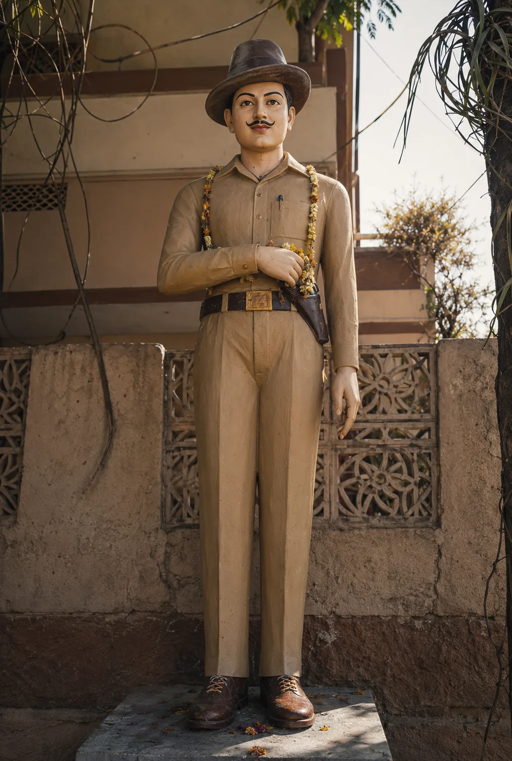 Illustration of a painted roadside statue of Bhagat Singh in a hat, draped with a marigold garland.