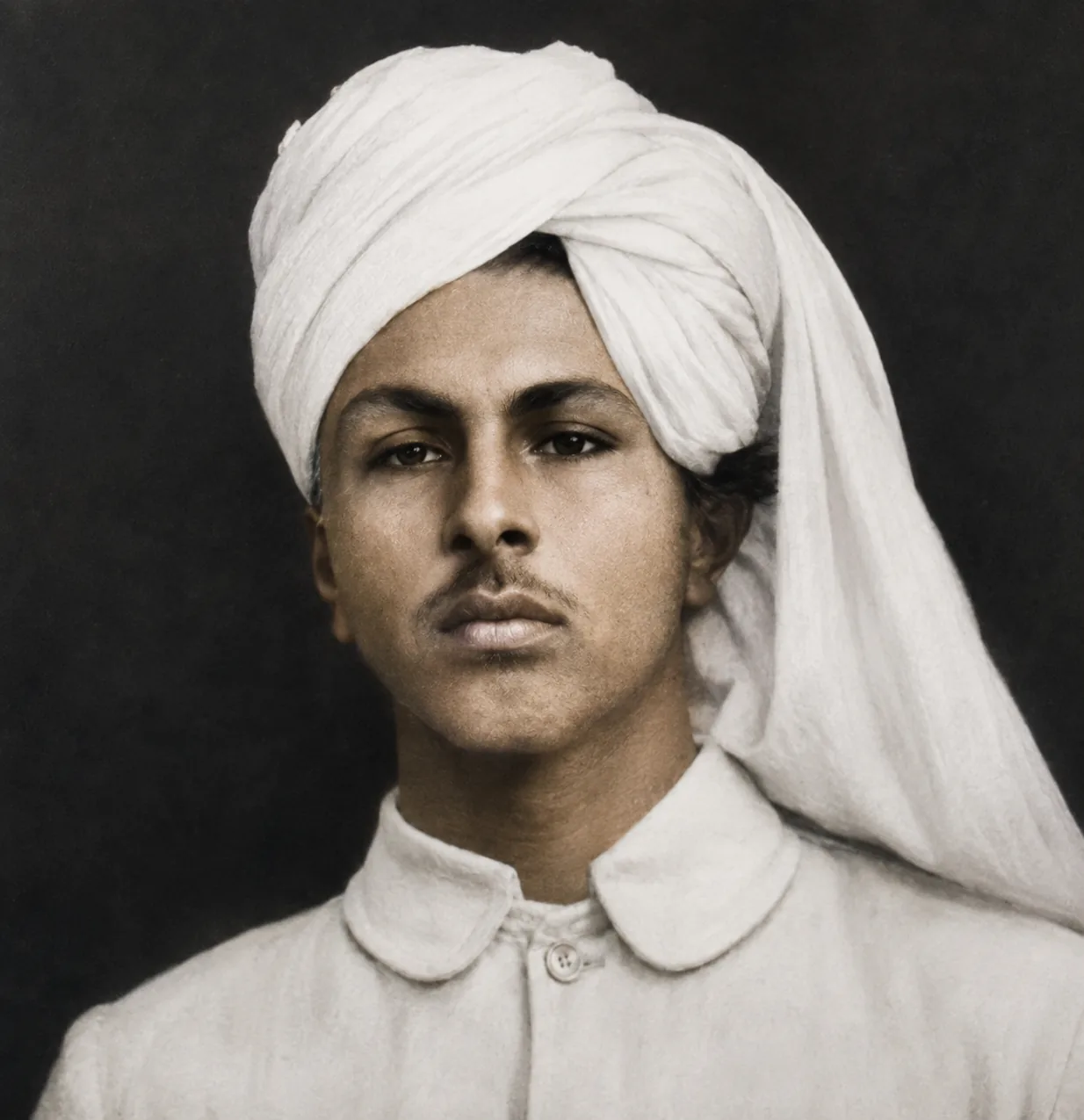 Illustration of a boy in a white turban and white kurta photographed against a dark studio background.