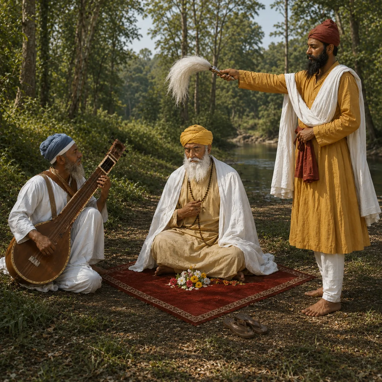 Illustration of Guru Nanak seated in meditation on a riverbank mat scattered with flowers, Bhai Mardana playing the rabab beside him and an attendant waving a chauri overhead.