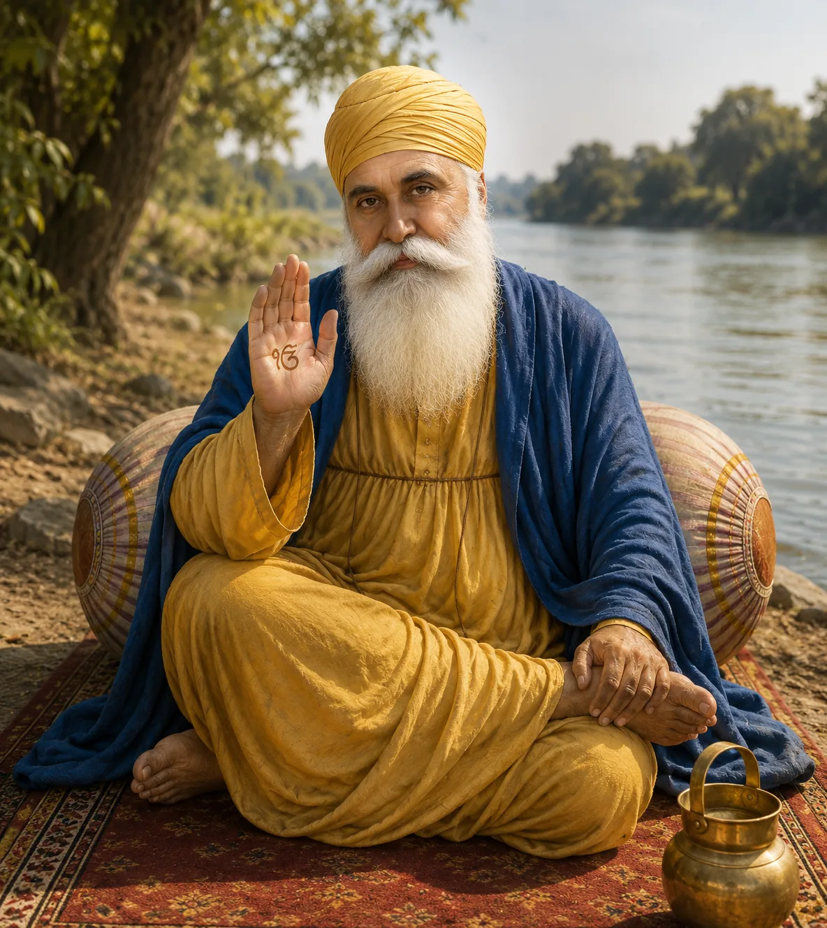 Illustration of Guru Nanak seated by a river with his right hand raised, the Gurmukhi character ੴ marked on his palm.