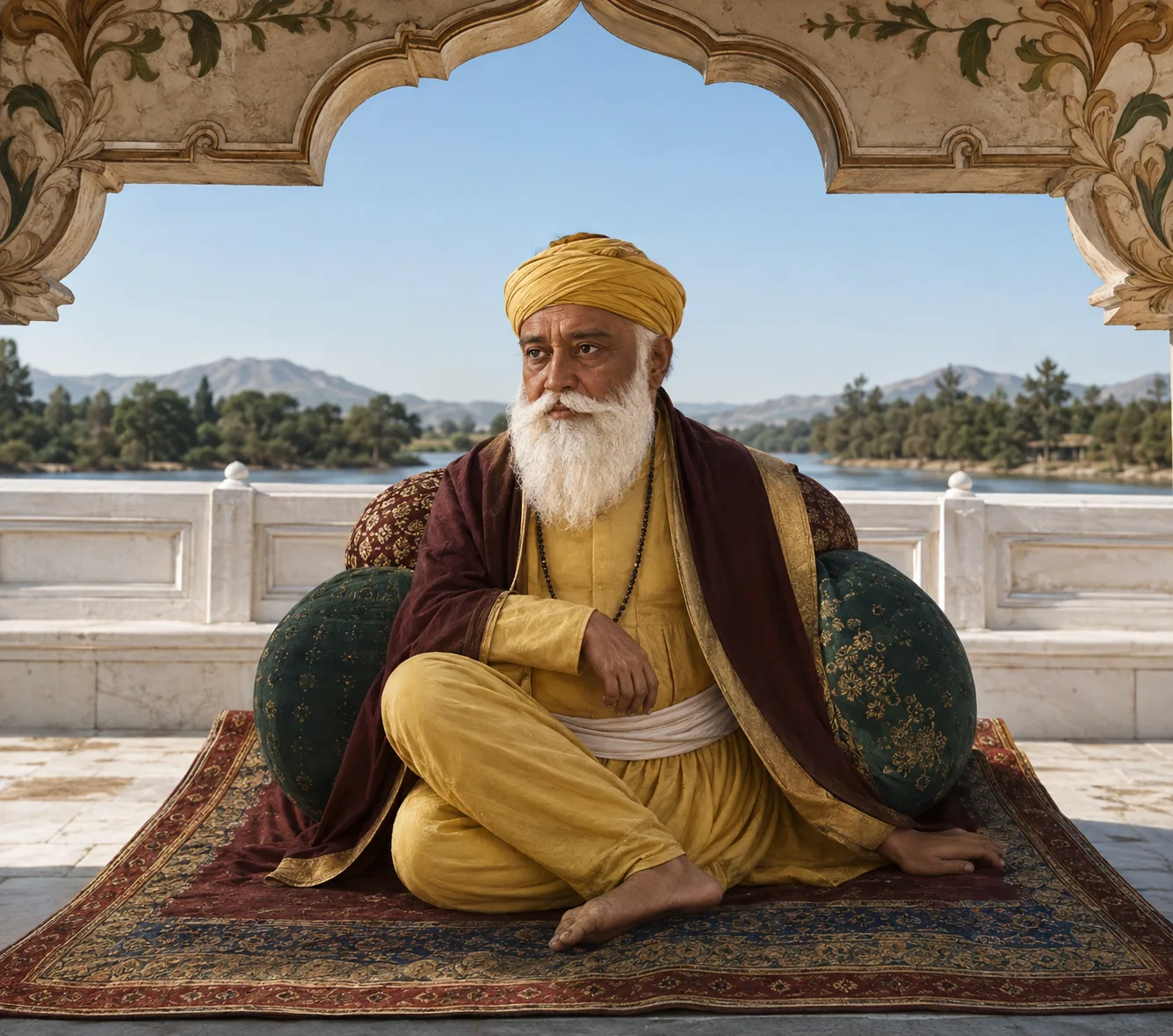 Illustration of Guru Nanak seated cross-legged on a carpet beneath a carved marble archway, hills and a river behind him.