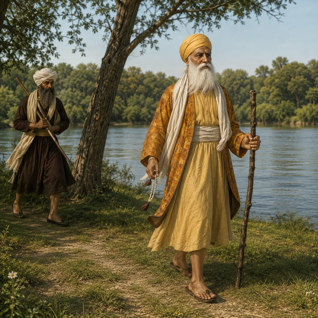 Illustration of Guru Nanak walking along a riverbank path with a wooden staff and a string of beads, a companion following behind.
