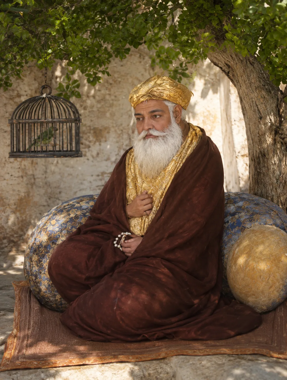 Illustration of Guru Nanak seated cross-legged in a maroon shawl and gold turban, a caged parrot hanging beside him and a rosary in his hand.