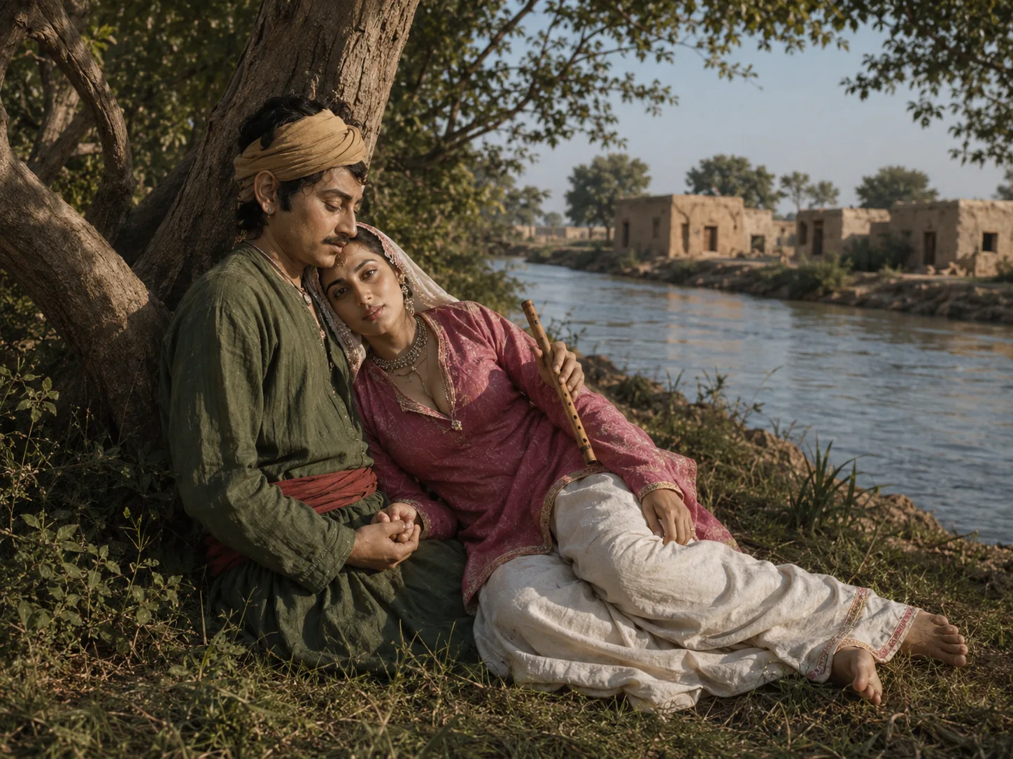Illustration of two lovers resting together against a tree on a riverbank, the woman holding a wooden flute, a mud-brick village across the water.