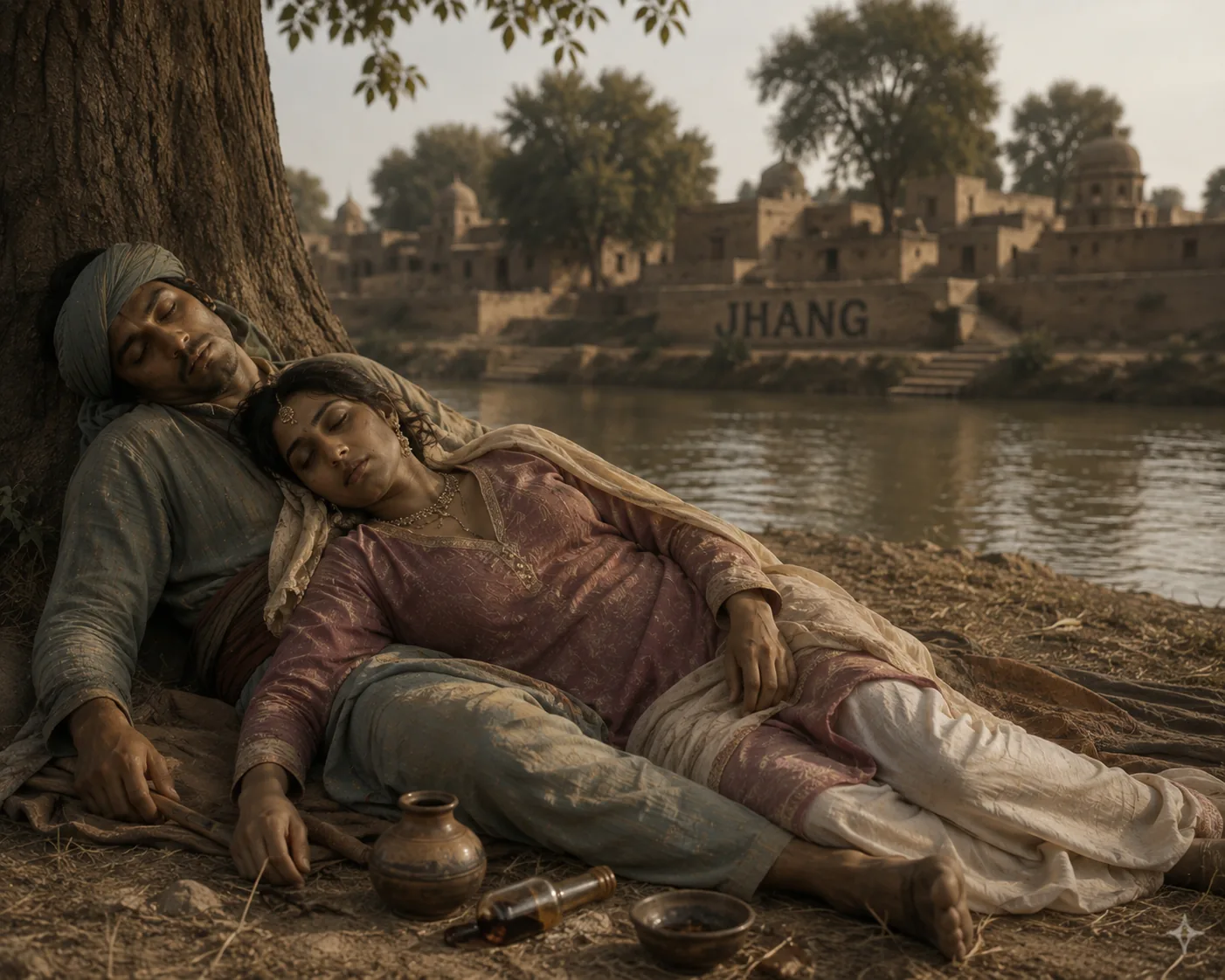 Illustration of two lovers lying together beneath a tree by a river, an overturned vessel and a bowl beside them, the walled town of Jhang visible across the water.
