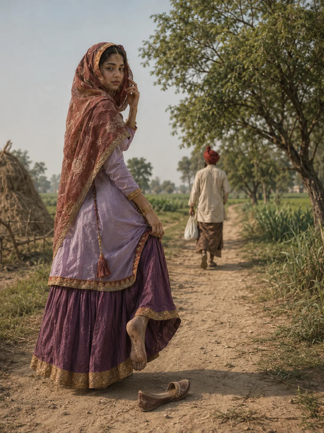 Illustration of a woman on a village path looking back over her shoulder, her shoes left behind her, as a man walks away into the fields.
