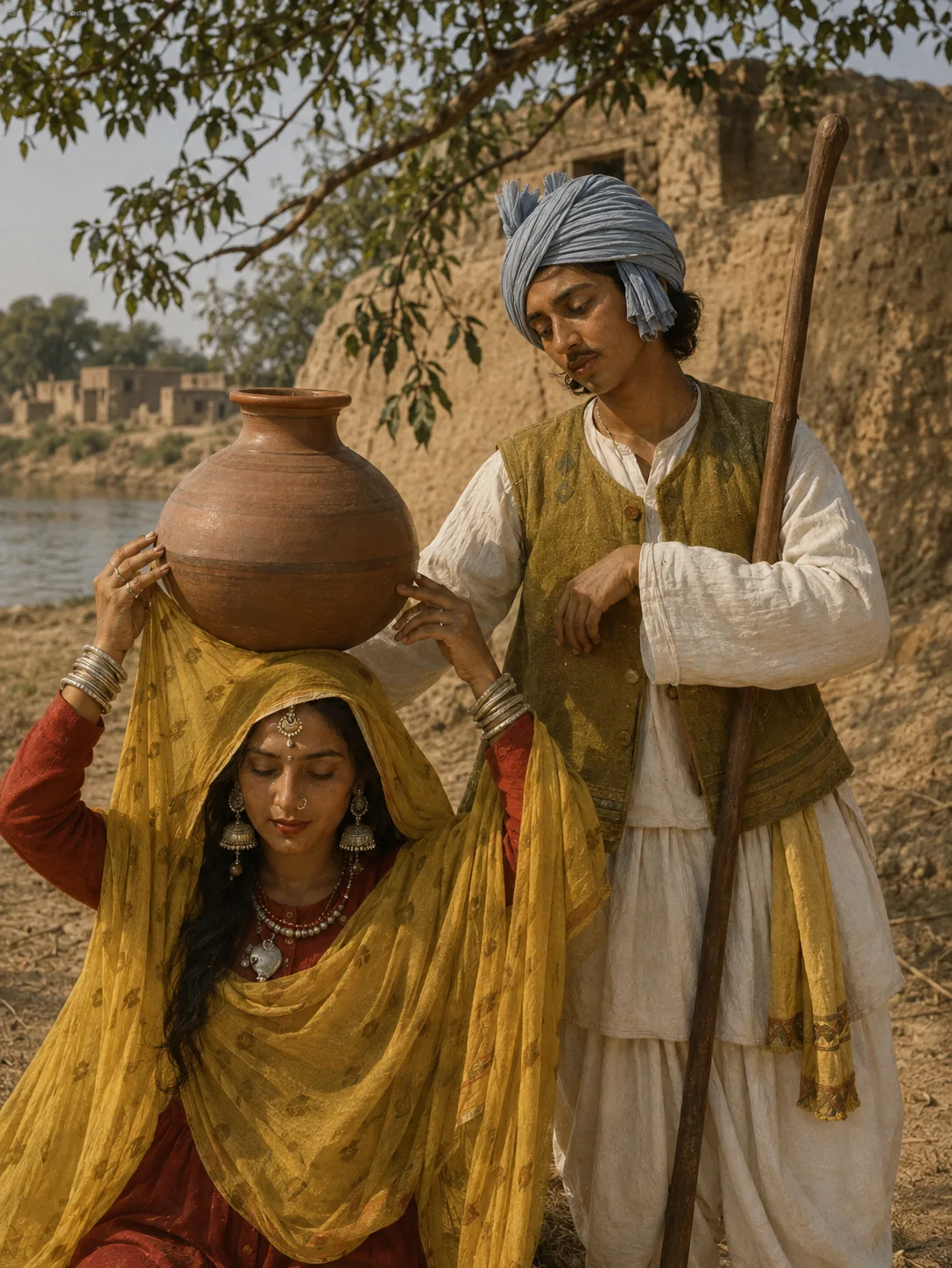 Illustration of a woman steadying a clay water pot on her head beside a young man holding a herding staff, a village and river behind them.