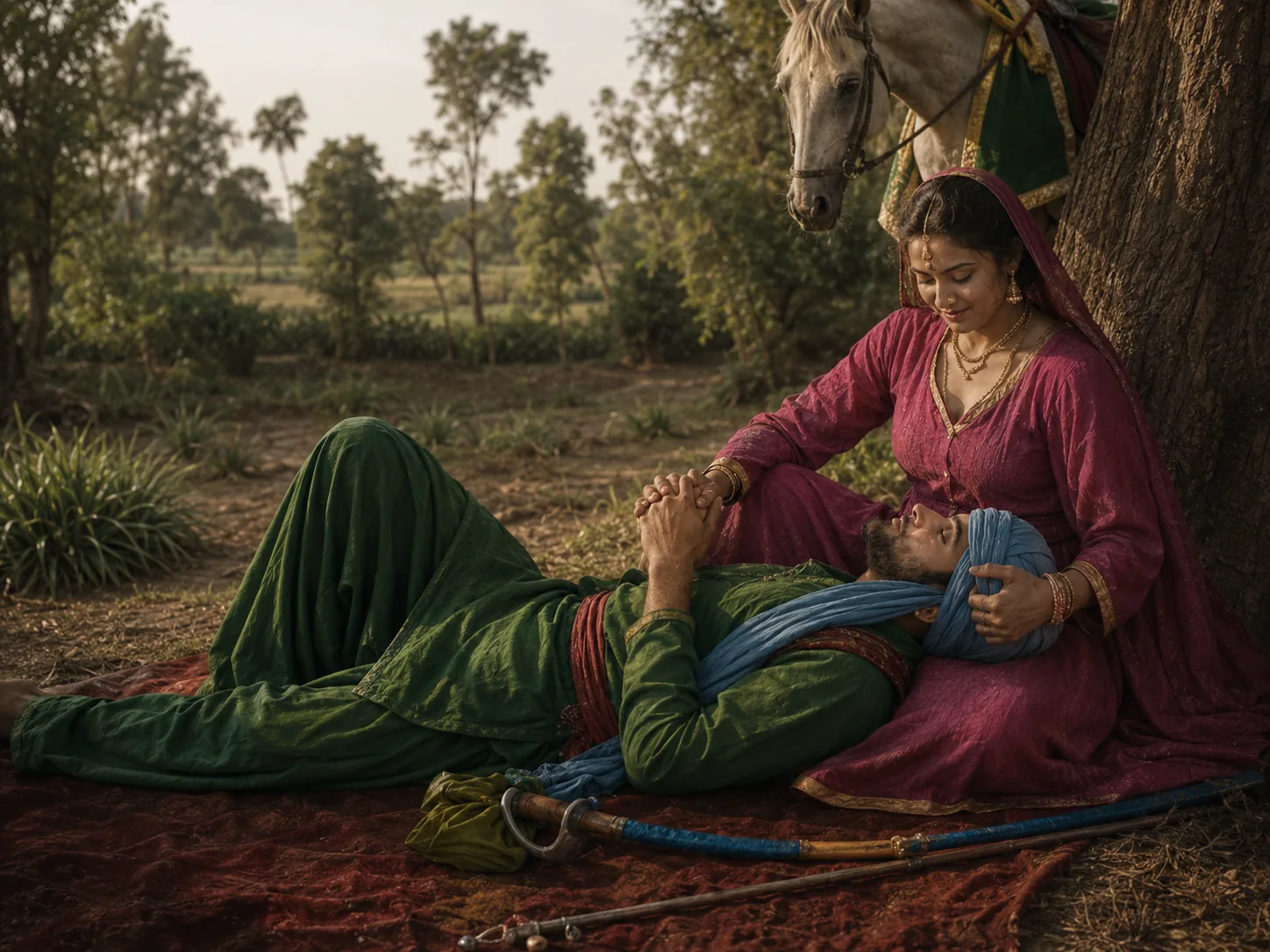 Illustration of a man lying dying with his head in a woman's lap beneath a tree, their hands clasped, a horse standing behind them.