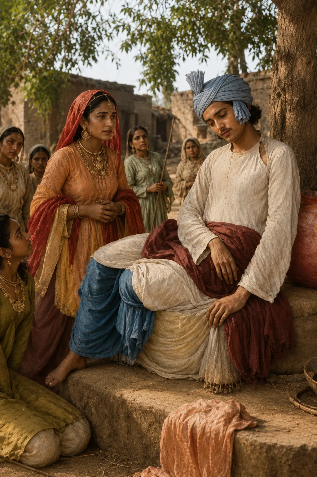 Illustration of a woman standing and speaking to a seated young man in a village courtyard while other women look on.