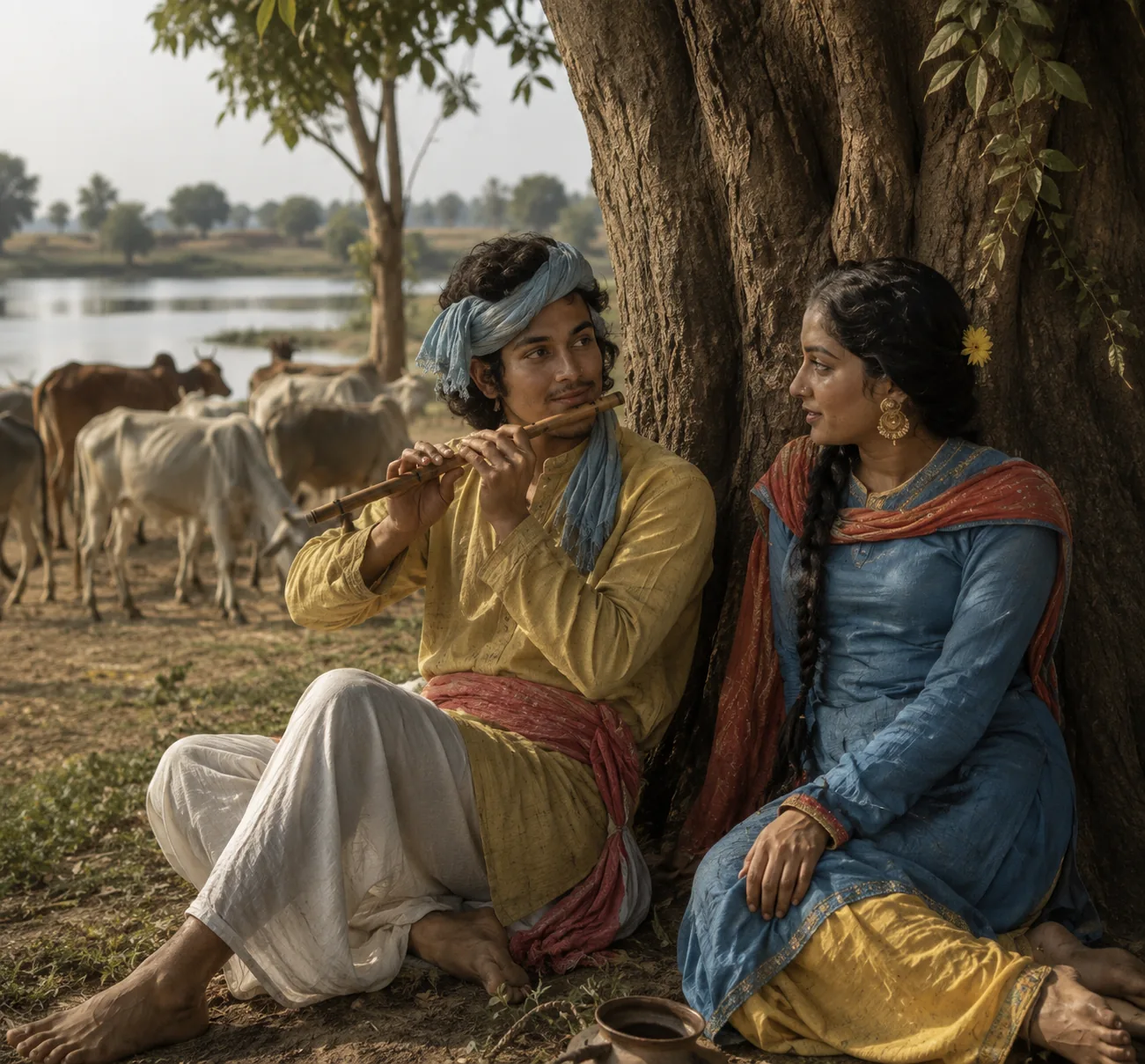Illustration of a young man in a blue turban playing a wooden flute beneath a tree while a woman in blue sits beside him, cattle grazing by a river behind them.
