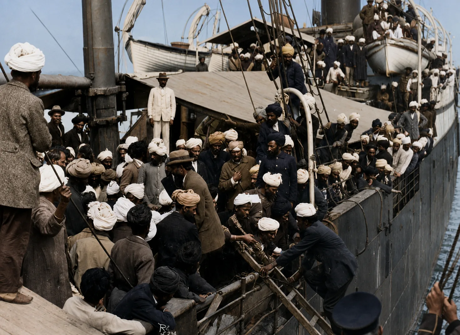 Illustration of passengers crowded along a ship's side as a gangway is manoeuvred into place, more men watching from the deck above.