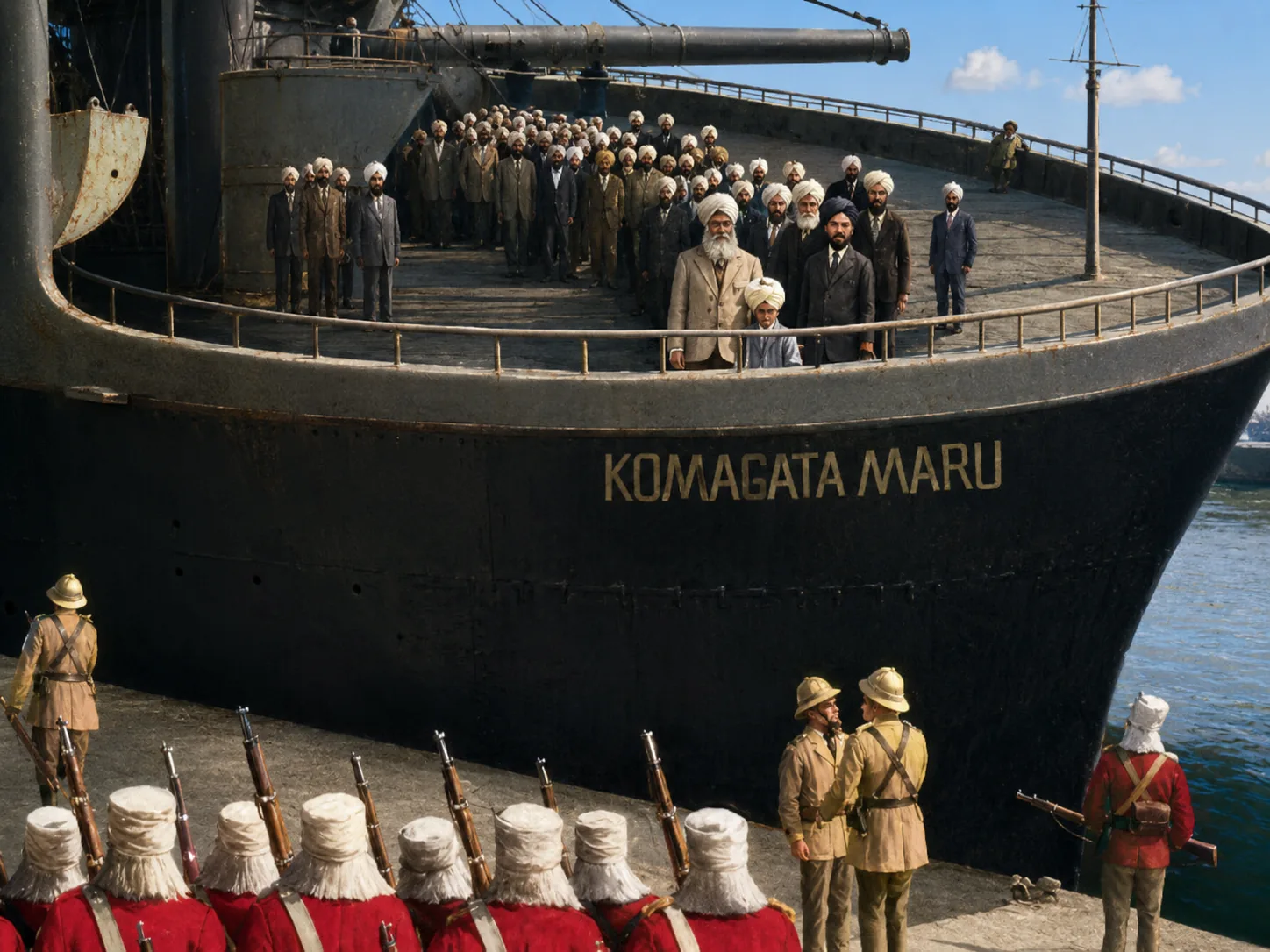 Illustration of the Komagata Maru alongside a quay with its name on the bow, passengers ranked on deck above and armed troops drawn up on the dock below.