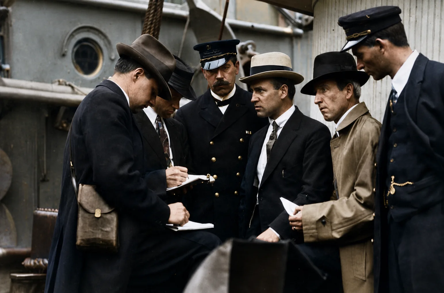 Illustration of a group of officials and ships' officers in hats and uniforms conferring on a deck, one taking notes.