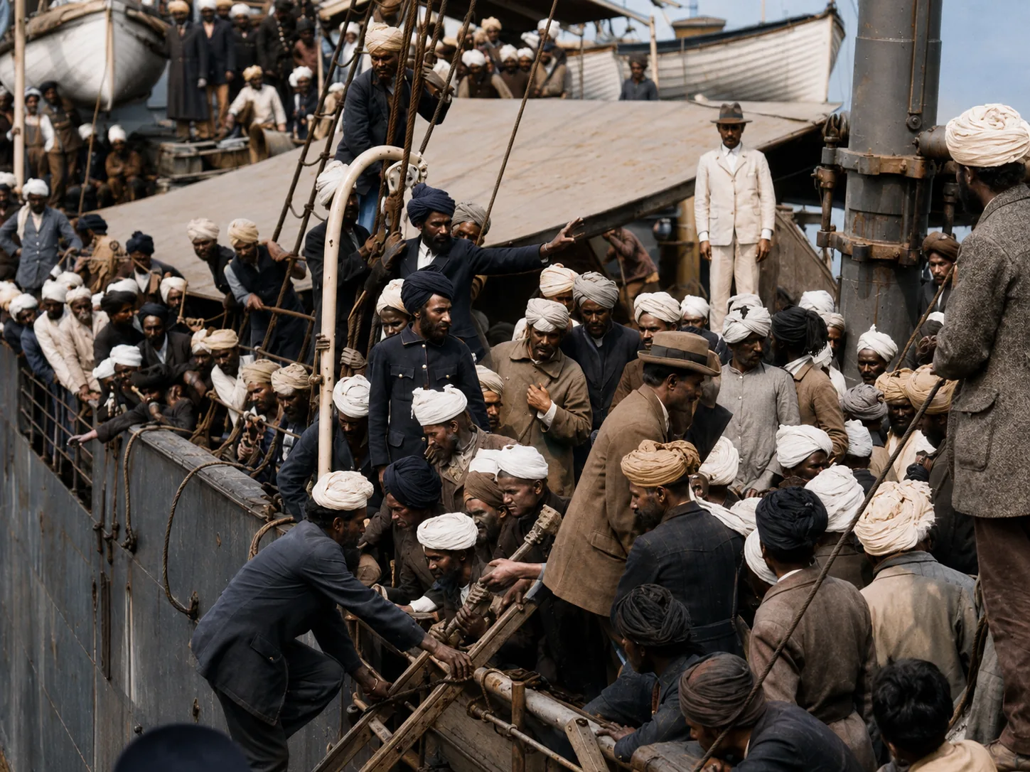 Illustration of passengers crowded shoulder to shoulder across a ship's deck, some in turbans, some in hats, looking towards the shore.