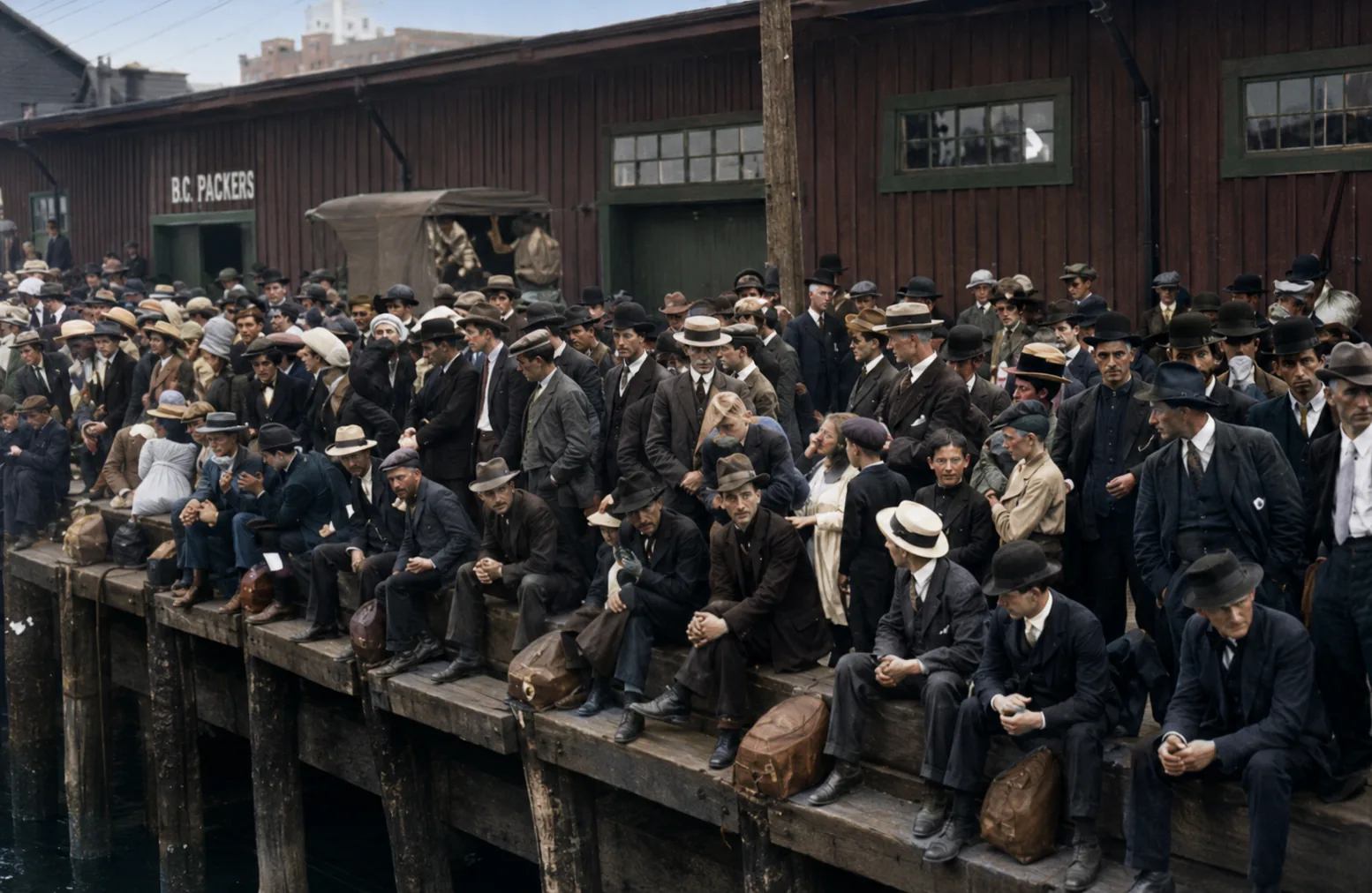 Illustration of a large crowd of men in hats and suits sitting along the edge of a wooden Vancouver wharf beside a B.C. Packers building.