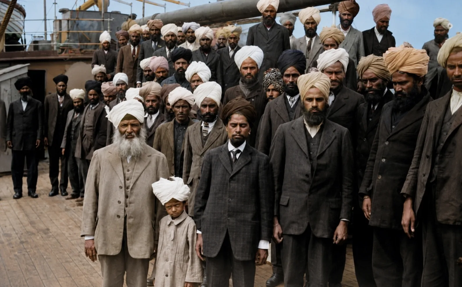 Illustration of Punjabi passengers, most in turbans and suits, standing in ranks on a ship's deck, a small boy among them at the front.
