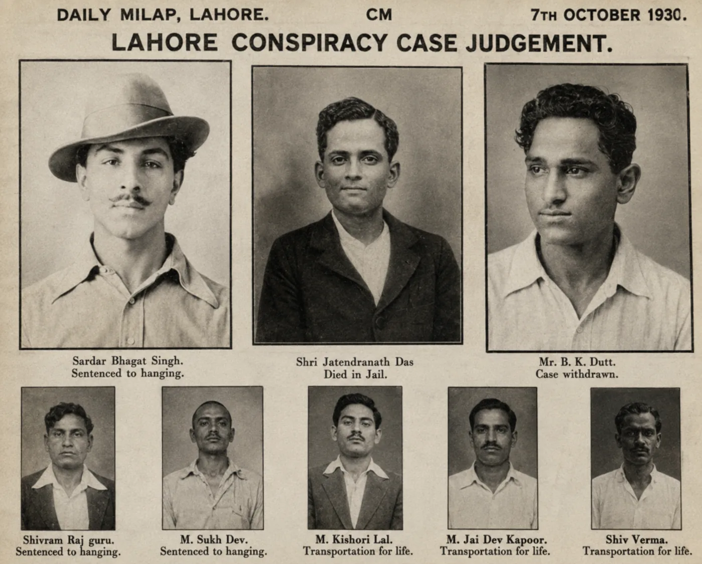 Illustration of a 1930 newspaper page headed Lahore Conspiracy Case Judgement, showing portraits of eight accused men with their sentences printed beneath.