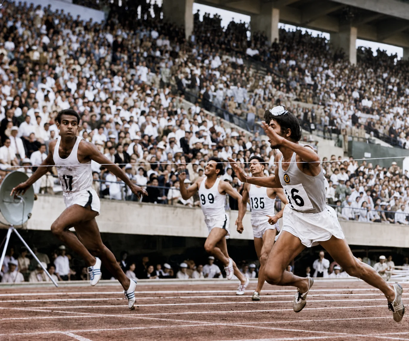 Illustration of Milkha Singh breaking the tape ahead of three other runners in a packed stadium.