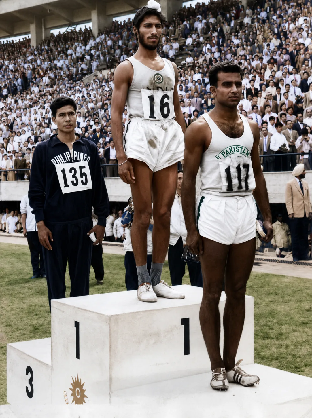 Illustration of Milkha Singh on the top step of a podium in an India vest, with the Pakistani and Philippine athletes standing either side of him.