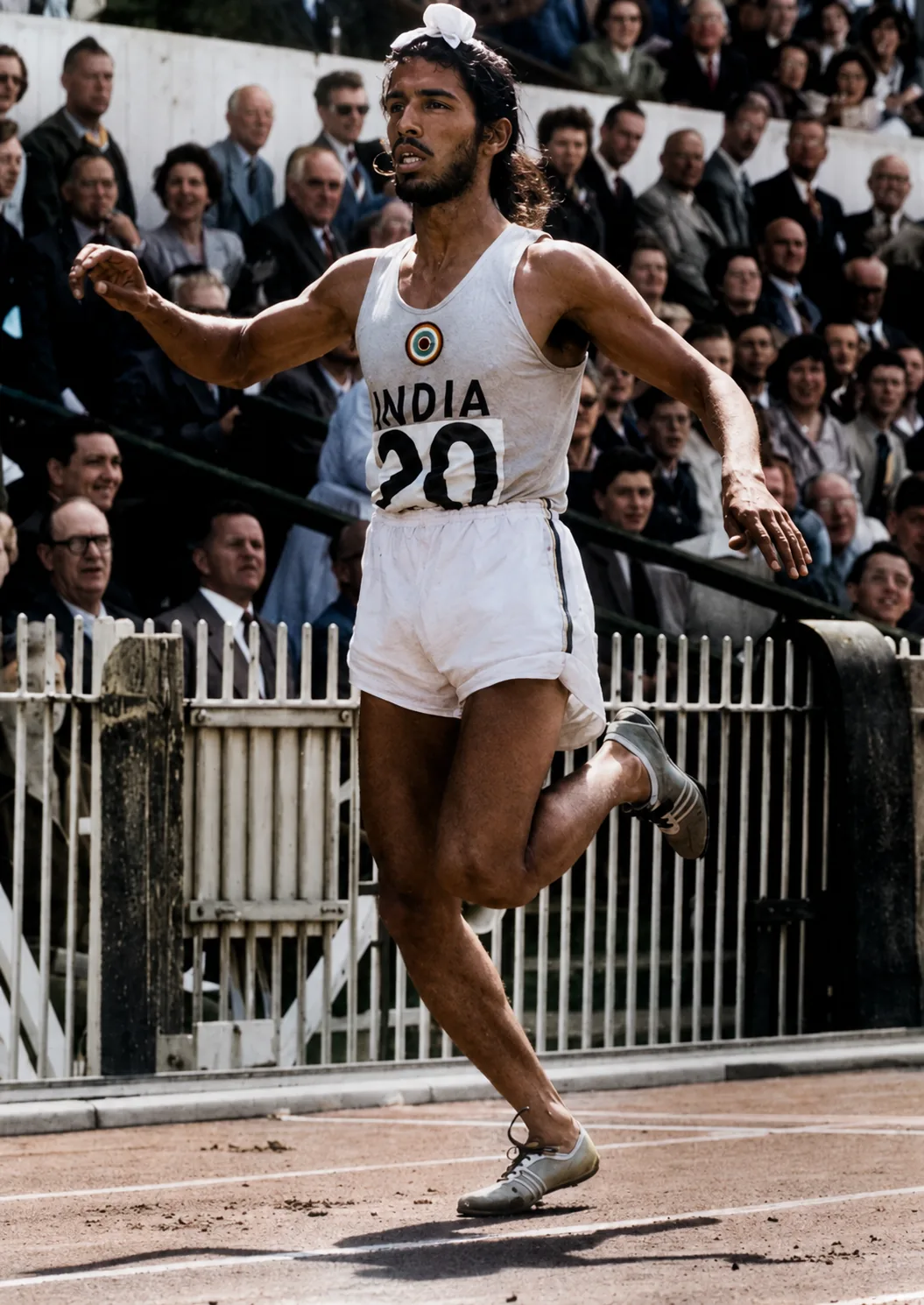 Illustration of Milkha Singh running on a cinder track in an India vest numbered 20, spectators in coats behind him.