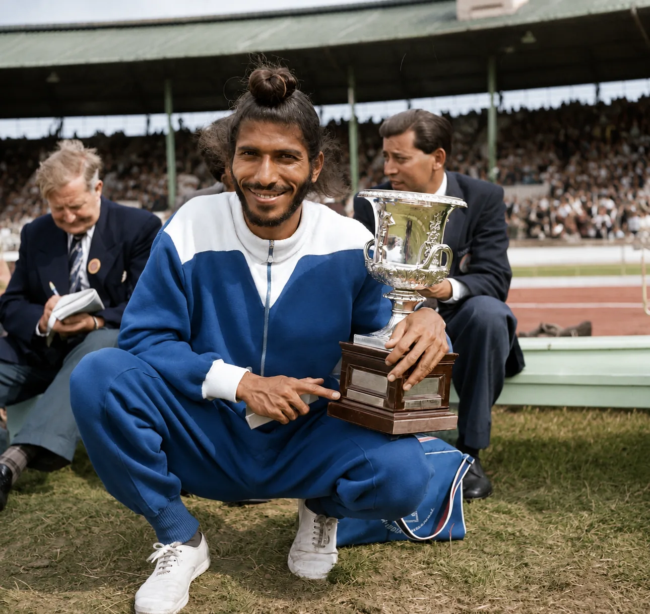 Illustration of Milkha Singh crouching in a blue tracksuit, holding a silver trophy and pointing at its base.