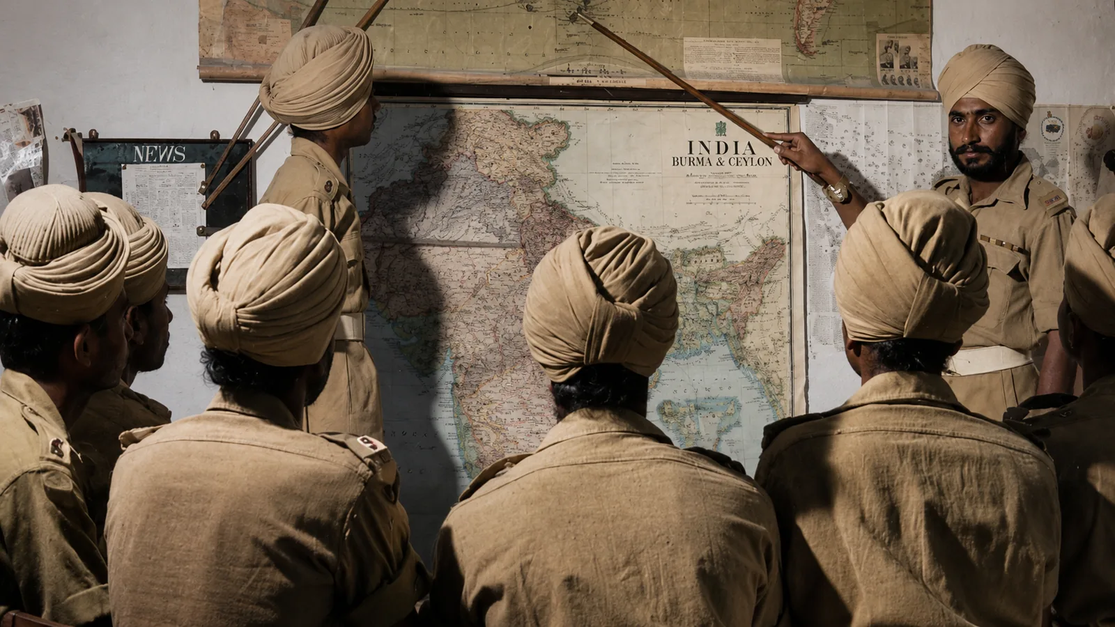 Illustration of uniformed Punjabi soldiers gathered around a wall map of India, Burma and Ceylon while an officer points to it.