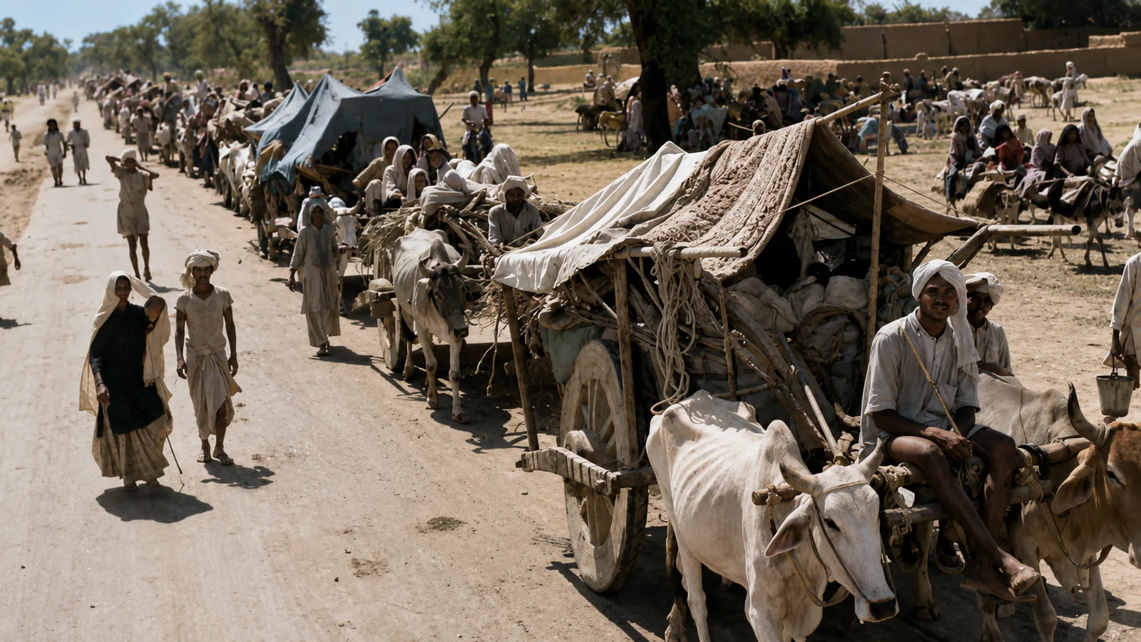 Illustration of a long column of refugees with bullock carts piled with belongings, moving along a dirt road past a village.