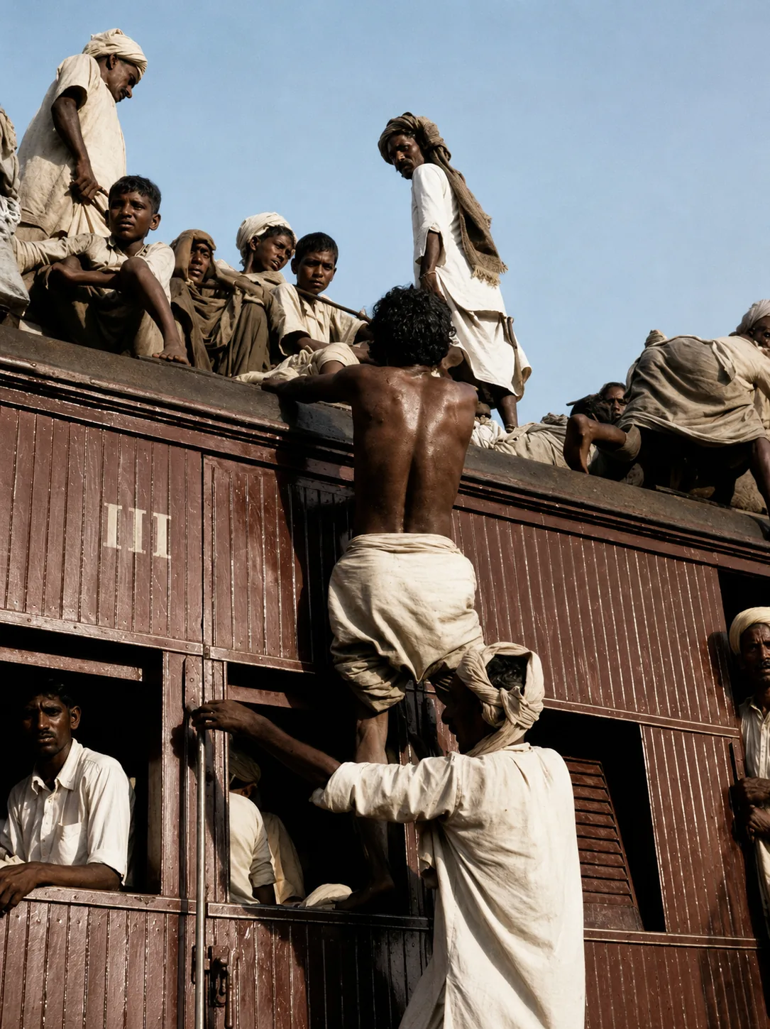 Illustration of a man being pulled up onto the roof of a crowded third-class railway carriage by other passengers already sitting there.