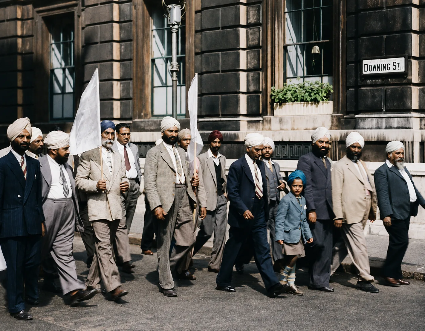 Illustration of a group of Punjabi men in turbans and suits walking along Downing Street carrying plain white flags, a child among them.
