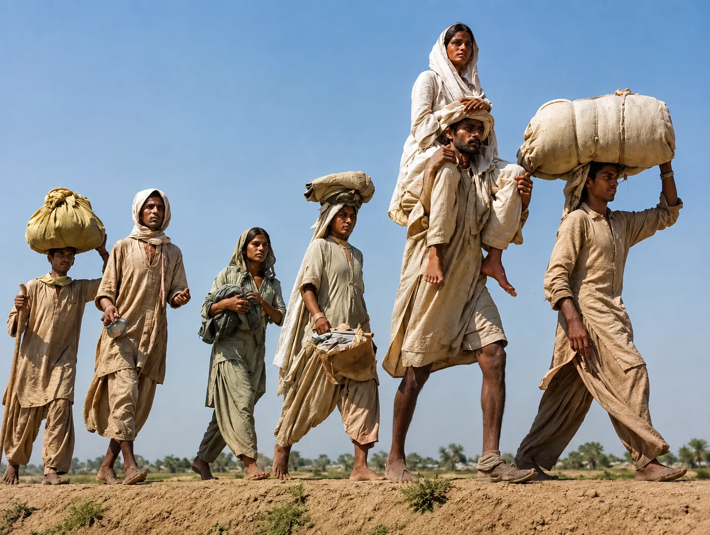 Illustration of a Punjabi family walking in a line against an open sky, carrying bundles on their heads, a girl riding on a man's shoulders.