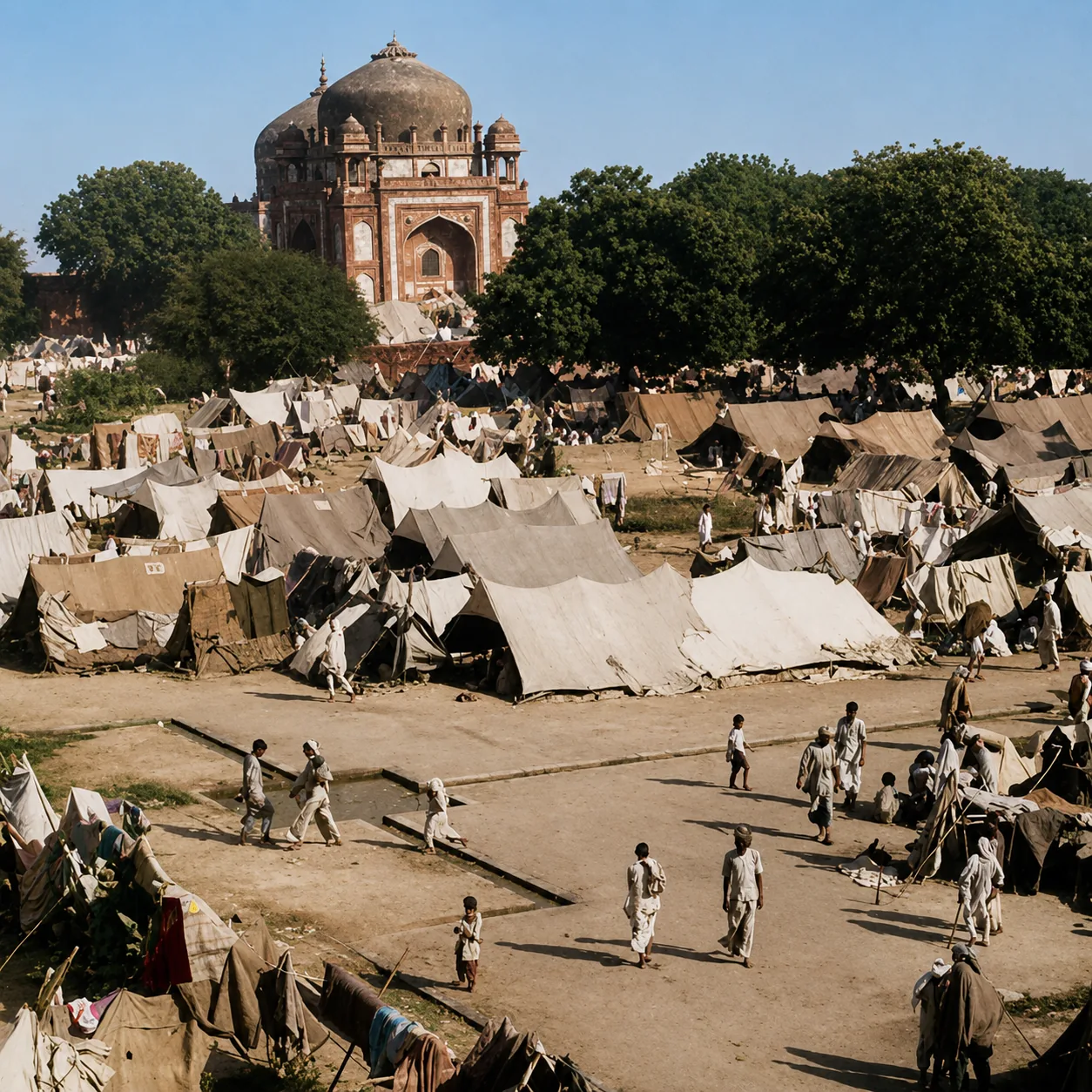 Illustration of a vast refugee camp of canvas tents spread across open ground in front of a domed Mughal monument.
