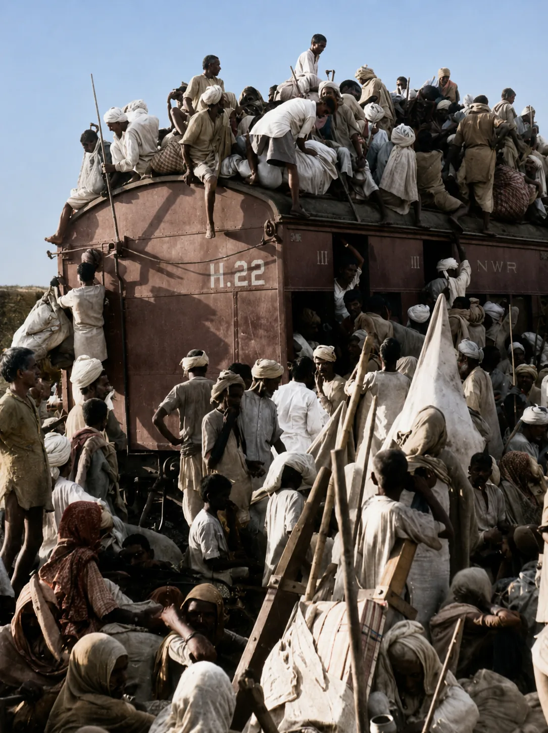 Illustration of a third-class railway carriage packed far beyond capacity, its roof crowded with people and a dense crowd waiting alongside it.