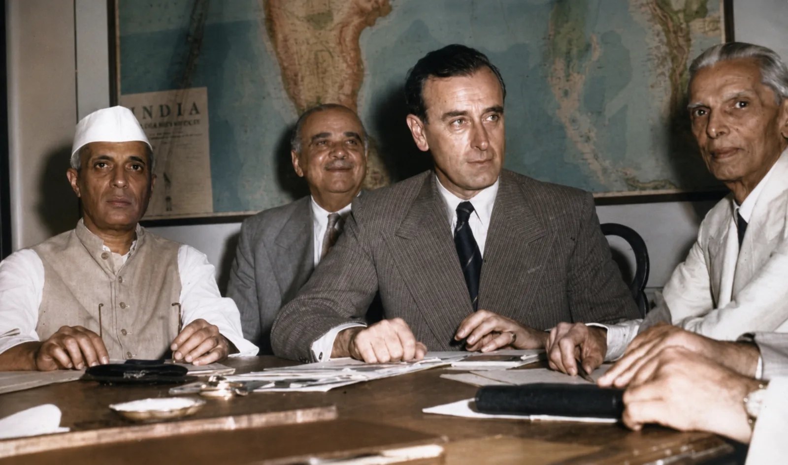 Illustration of the Partition negotiations: four men in suits seated at a document-covered table in front of a wall map of India.