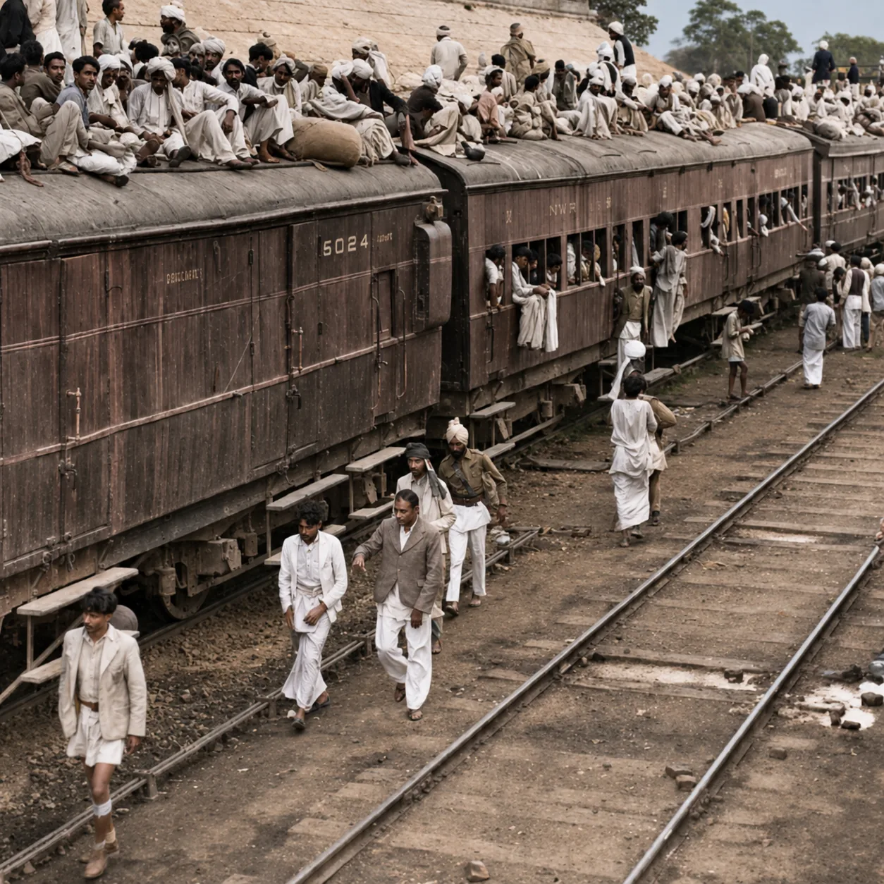 Illustration of a long railway train with every carriage roof covered in seated passengers, people walking beside it along the track.
