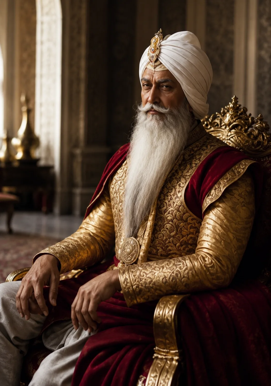 Illustration of Maharaja Ranjit Singh seated on a gilded throne in a palace interior, wearing gold brocade and red velvet.