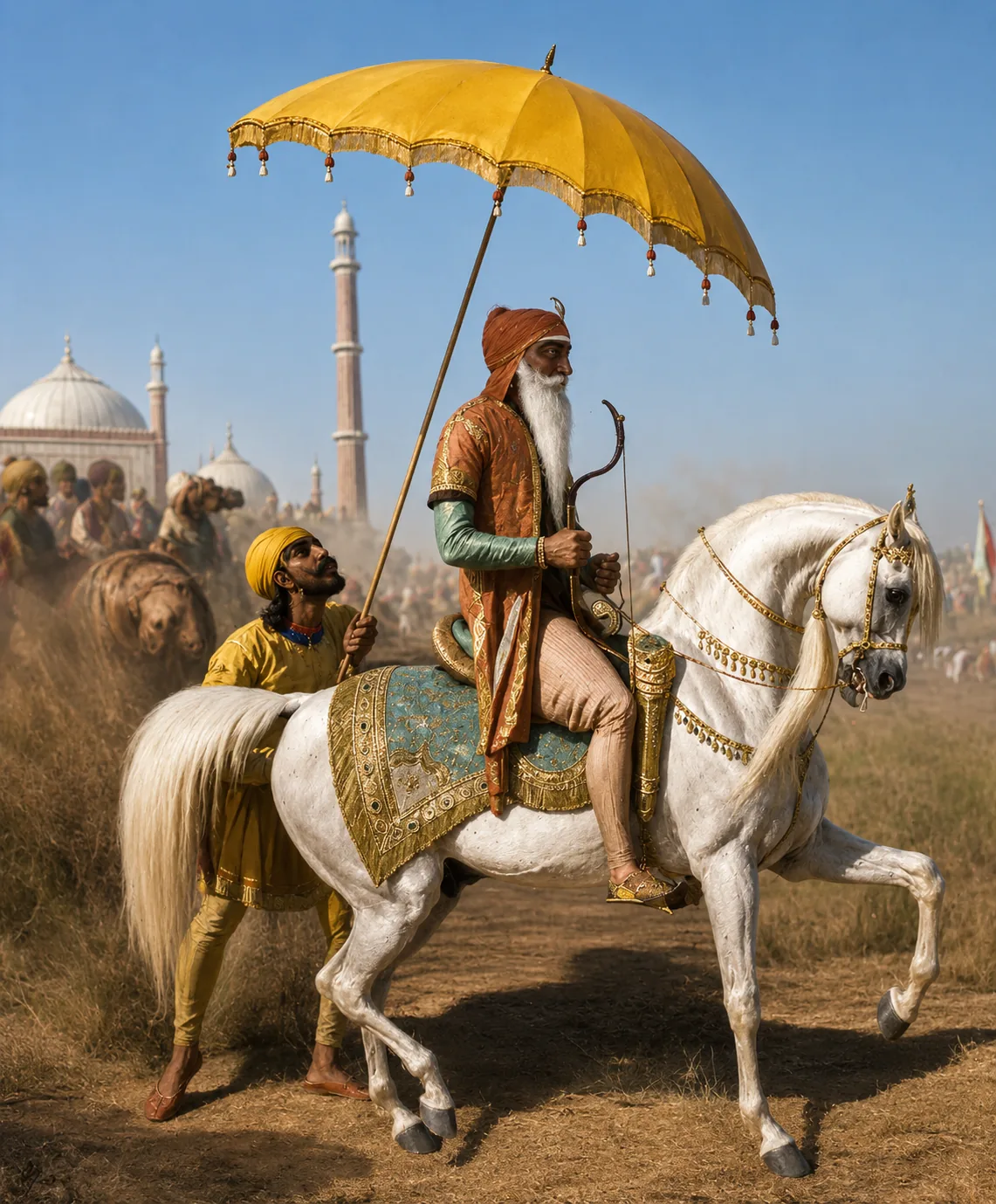 Illustration of Maharaja Ranjit Singh riding a white horse and carrying a bow, an attendant walking alongside holding a golden parasol over him, with a domed mosque and a column of horsemen behind.