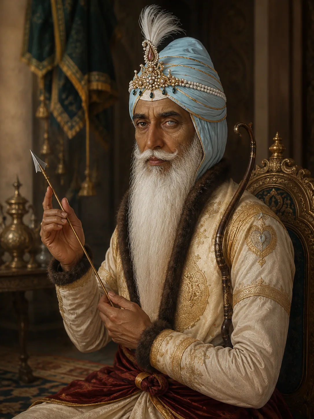Illustration of Maharaja Ranjit Singh seated holding an arrow, a bow resting against his chair, in a pale blue turban and a fur-trimmed robe.